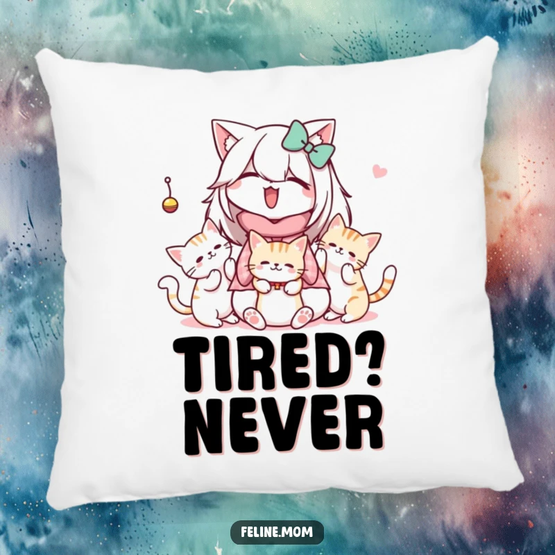 Funny Kawaii Cat Lady Pillow featuring a sweet character watching cats playing with a dangling toy, perfect for cozy comfort.