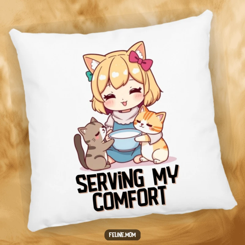 Funny Kawaii cat lady character offering a bowl of milk to a cat, on a plush, decorative pillow. Soft and heartwarming.