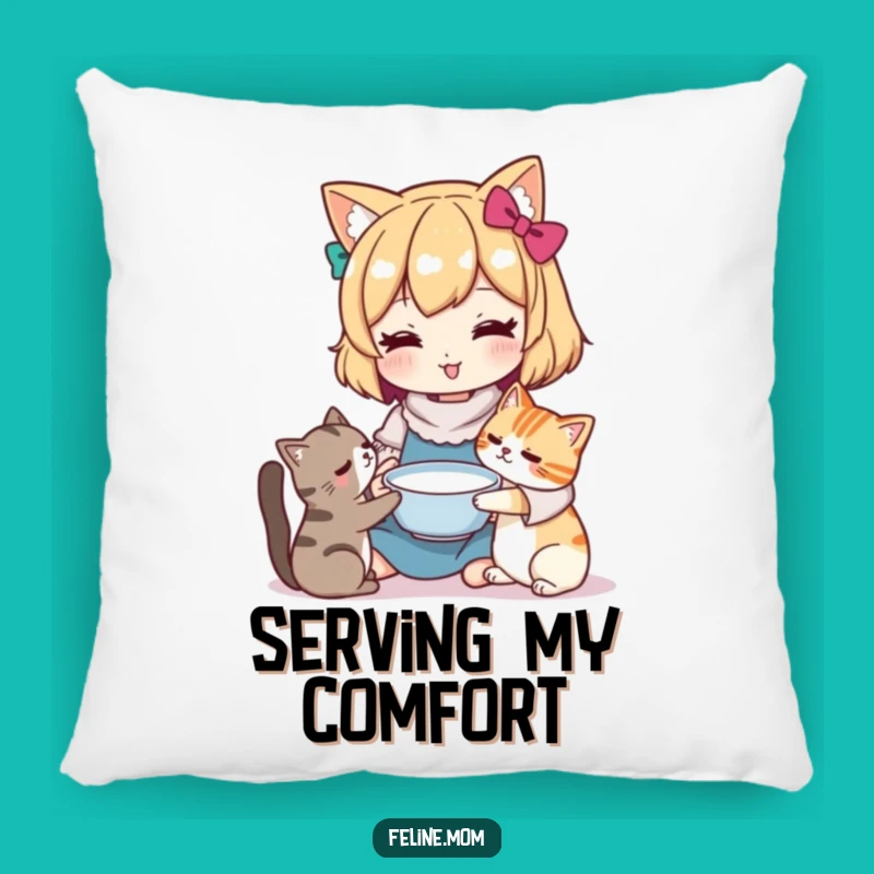 Funny Kawaii Cat Lady Pillow: Cozy Comfort with a Cat Milk Offering Scene