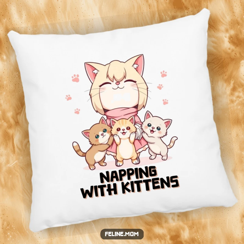 Funny Kawaii cat lady pillow featuring a cute character joyfully juggling three playful kittens, offering comfort with a dash of adorable chaos.