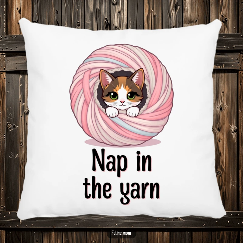 Funny calico cat peeking out of a yarn ball, a soft and comforting funny gift.