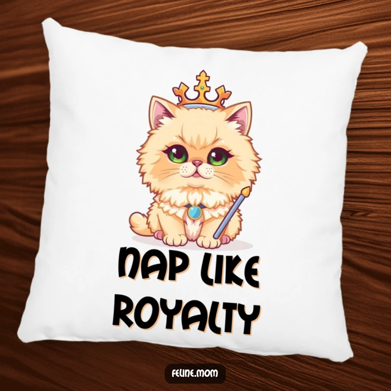 Funny throw pillow with a regal Persian cat wearing a crown and sceptre, offering plush comfort and a touch of royal humor.