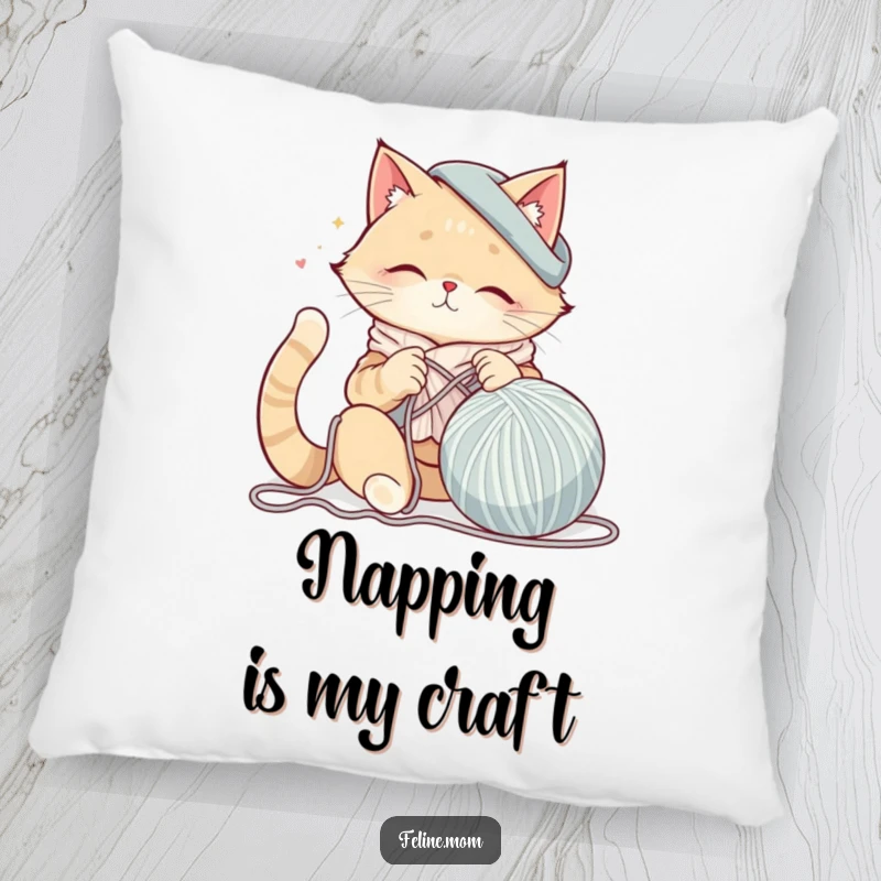 Funny cat lady character knitting a giant ball of yarn on a soft pillow, providing comfort and humorous craft-themed decor.