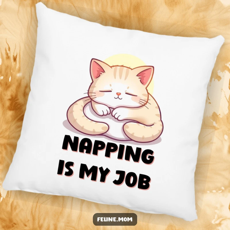 Funny cat pillow, a contented feline napping peacefully in a warm, golden sunbeam.