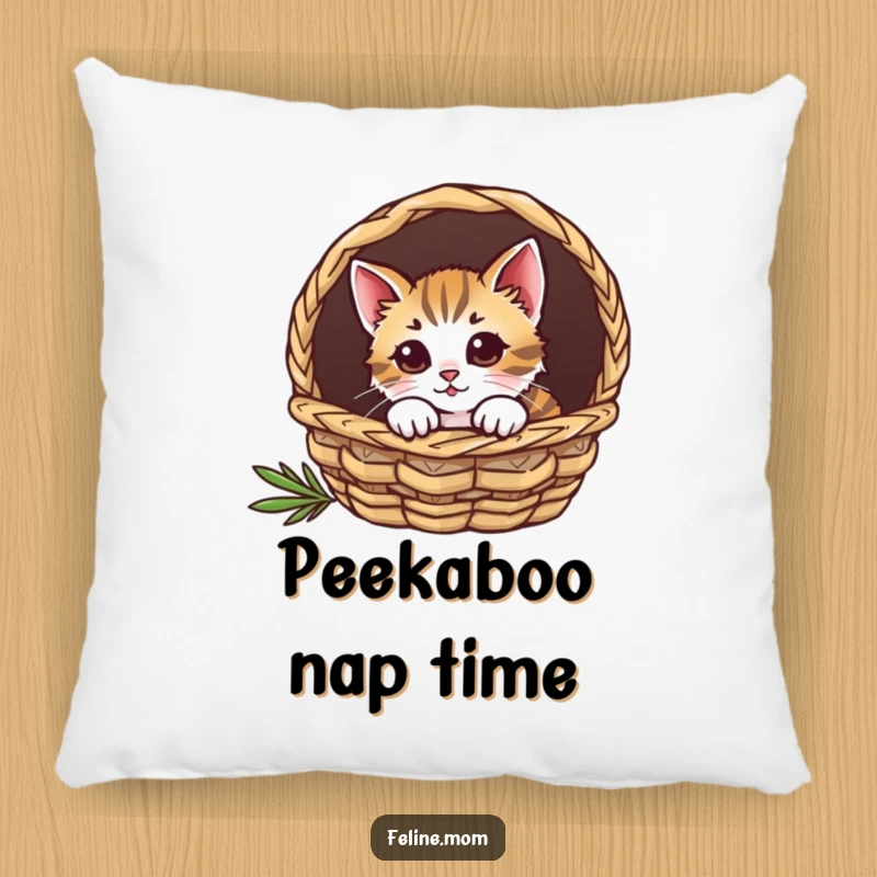 Funny cat pillow, a cute feline peeking curiously from inside a soft, cozy basket.