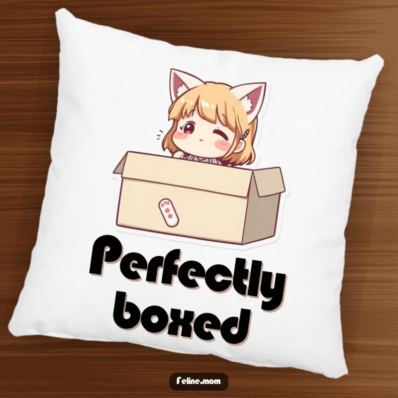 Funny pillow featuring a woman sitting contentedly in a cardboard box, looking cozy and happy. A humorous decor piece.