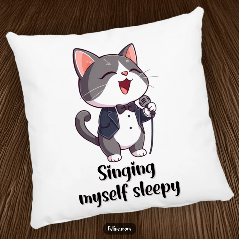 Funny Pillow: A plush pillow featuring a tuxedo cat wearing a small microphone, ready to sing.