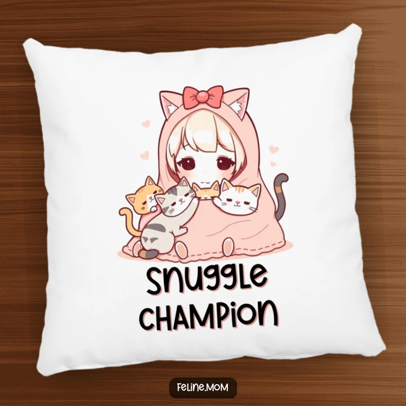 Funny Kawaii Cat Lady Pillow featuring a sweet character sharing a warm blanket with cats, ideal for cozying up.