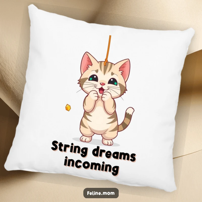 Funny Pillow: A plush pillow featuring a playful tabby cat batting at a dangling string.