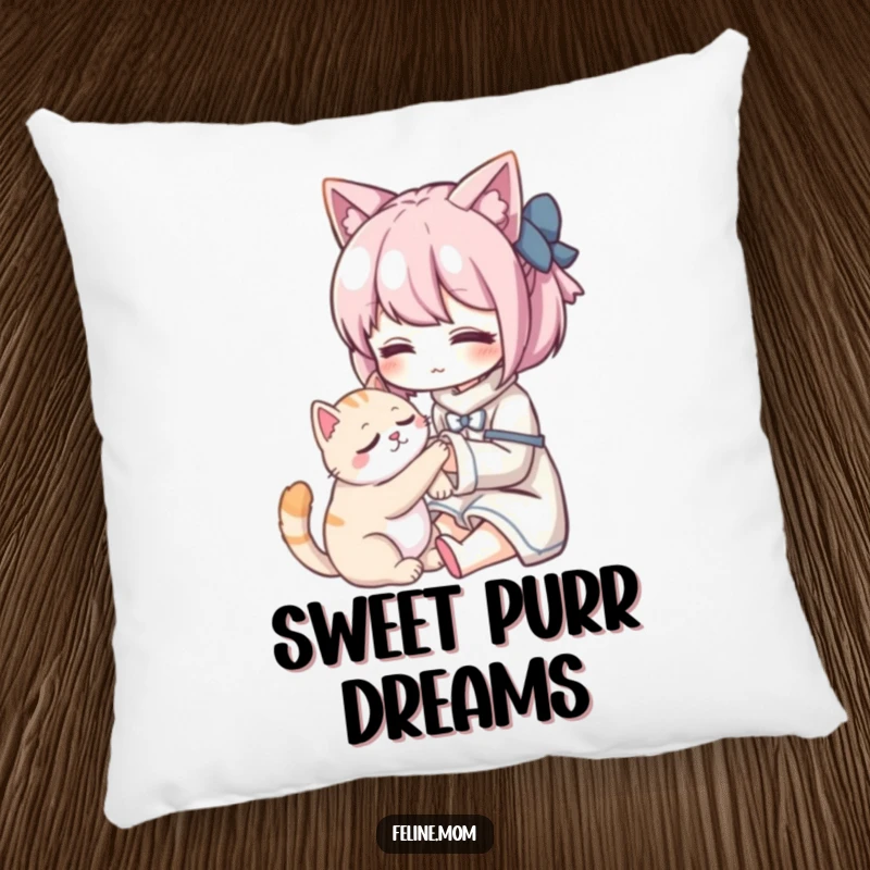Funny Kawaii cat lady character gently stroking a purring cat, printed on a plush, decorative pillow. Soft and comforting.