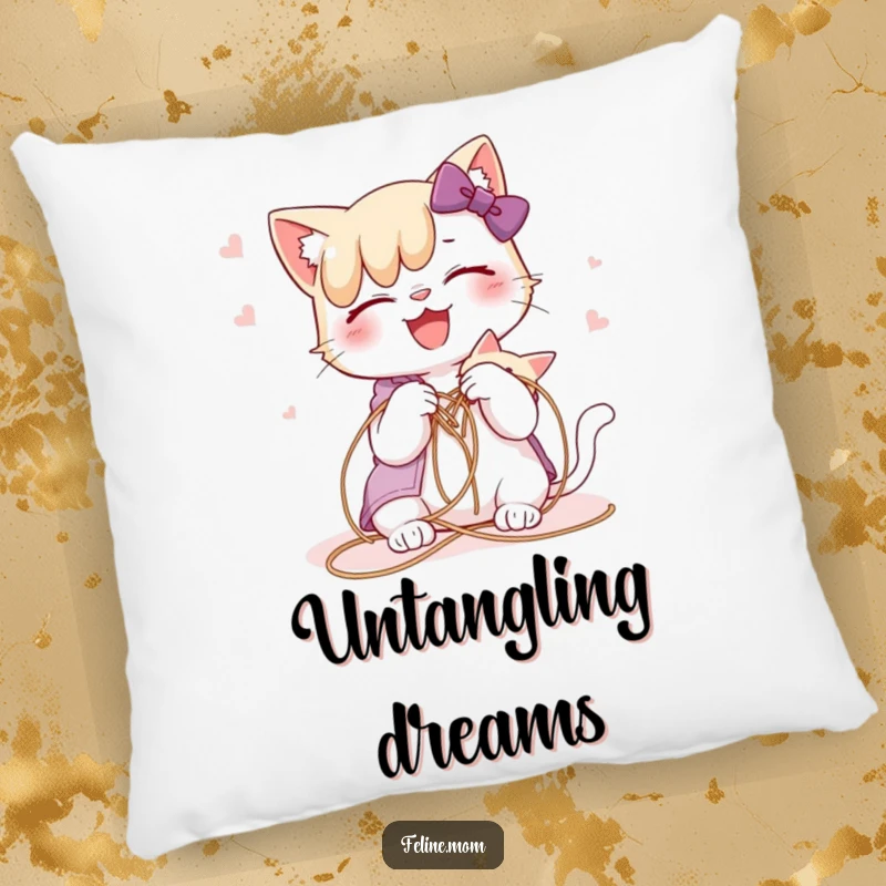 Funny cat lady joyfully untangling a cat from a string, on a soft, decorative pillow.