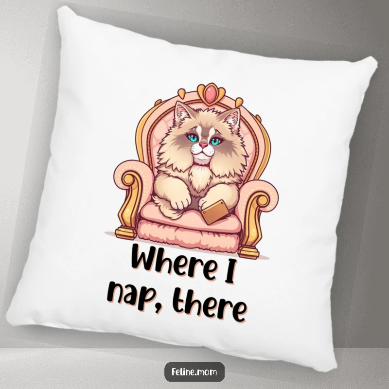 Funny Maine Coon pillow featuring a fluffy cat regally seated on a luxurious throne, offering comfort and hilarious, pampered elegance to any room.