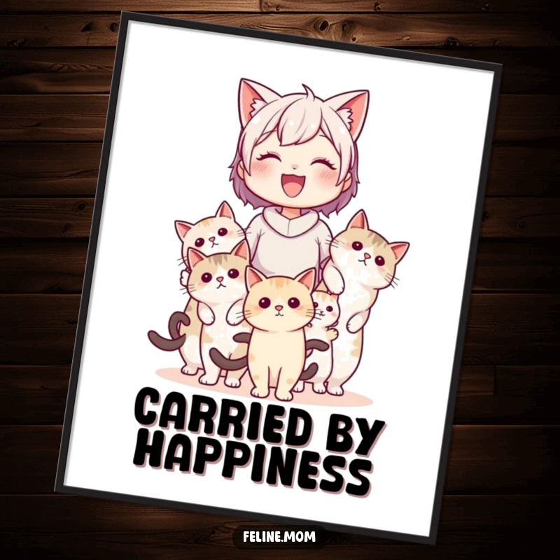 Funny cat lady art print depicting her being carried by several cats, available for instant download, adding humor and whimsical feline transport.