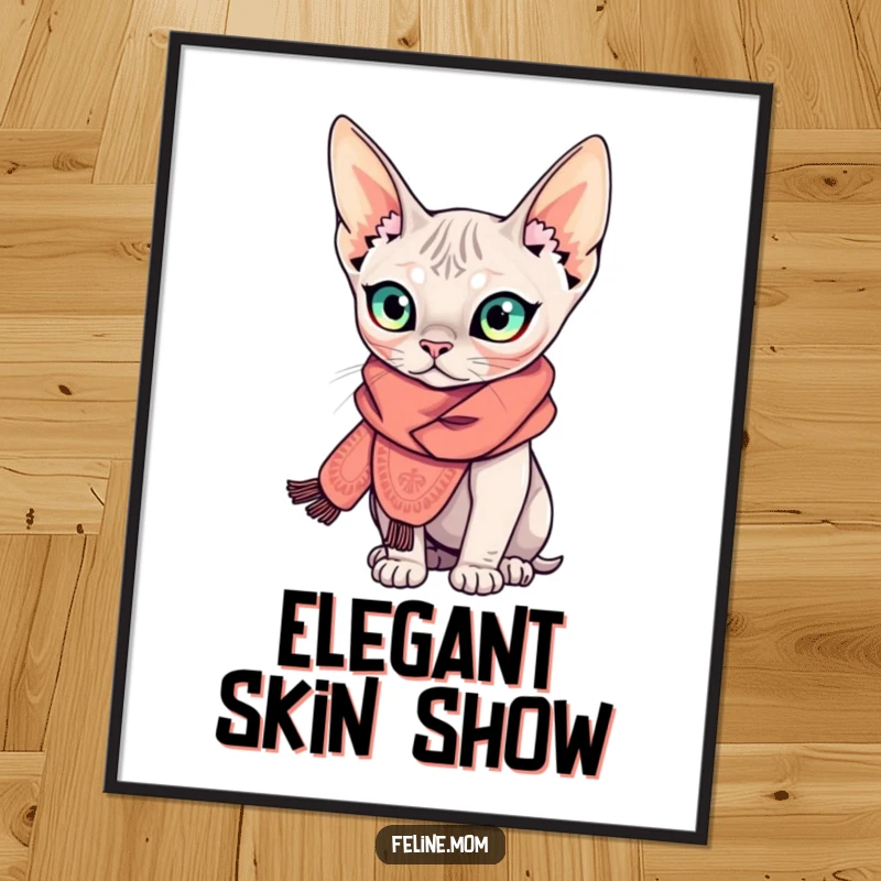 Funny Sphynx cat digital art print of a curious, hairless cat wearing an elaborate scarf, embodying hilarious high fashion for any display.