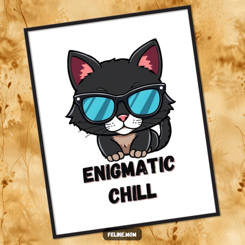 Funny Digital Art Print of a black cat wearing sunglasses, exuding mystery and coolness for your decor.