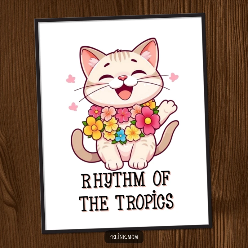 Funny happy cat wearing a colorful lei, swaying, tropical digital art, island vibe, cheerful decor, funny gift.