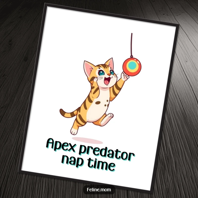 Funny Bengal Cat Toy Leap Digital Art Print: A digital artwork of a playful Bengal cat leaping towards a suspended toy.