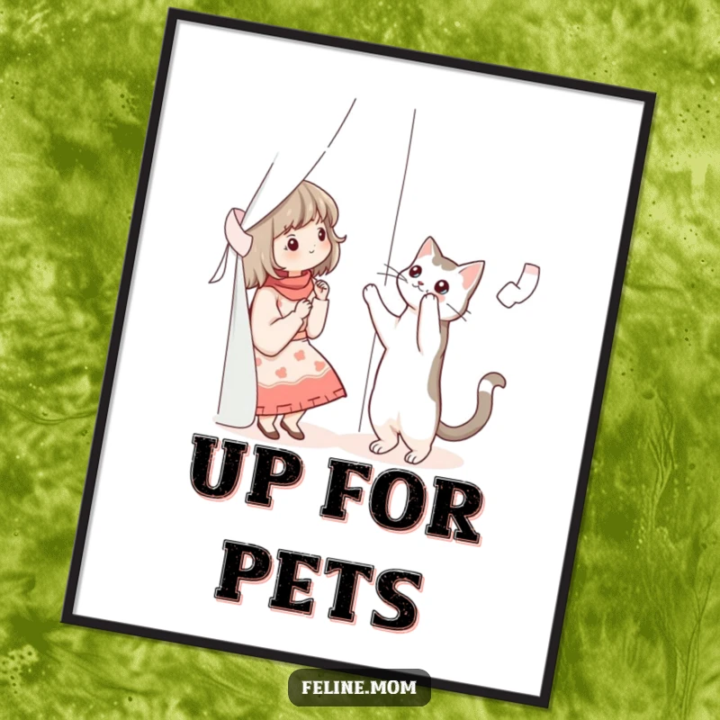 Funny illustration of a cat lady reaching for a cat climbing a curtain, as a high-resolution digital art file.