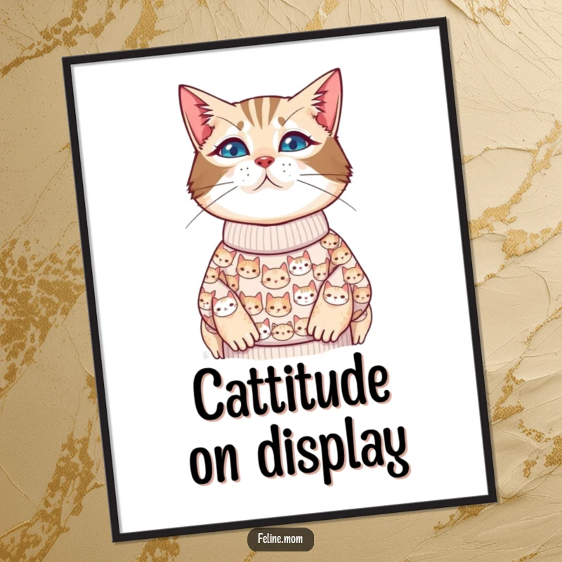 Funny cat lady digital art print showcasing a sweater covered in tiny cat faces, for instant download.