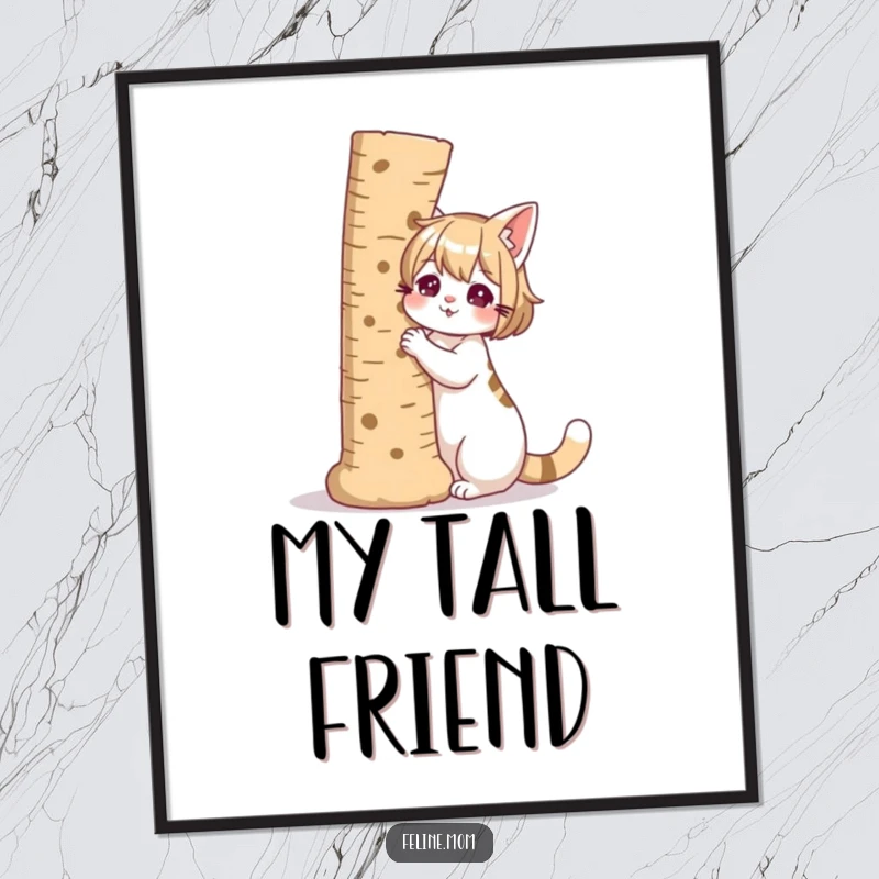 Funny illustration of a cat lady with a giant scratching post as her companion, as digital art.