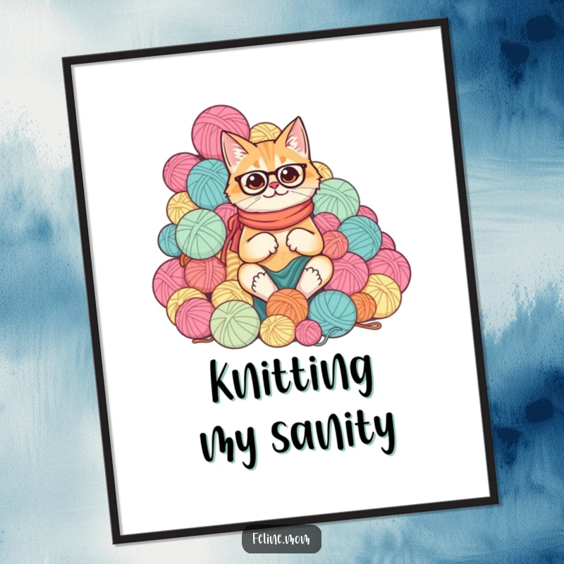 Funny cat lady overwhelmed by a comical mountain of yarn balls, ready as a downloadable art print.