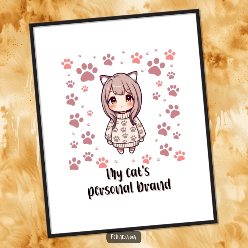 Funny digital art print depicting a cozy sweater pattern with cat paw prints, offering whimsical and humorous decor for immediate download.