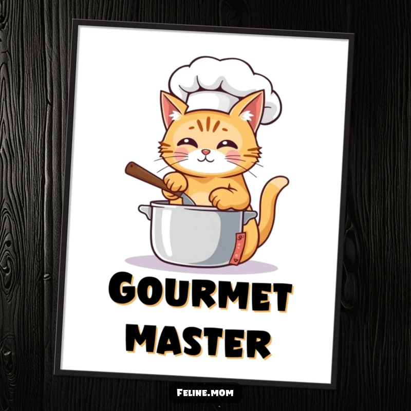 Funny Digital Art Print of a ginger cat chef in a hat, stirring a pot, bringing culinary humor home.