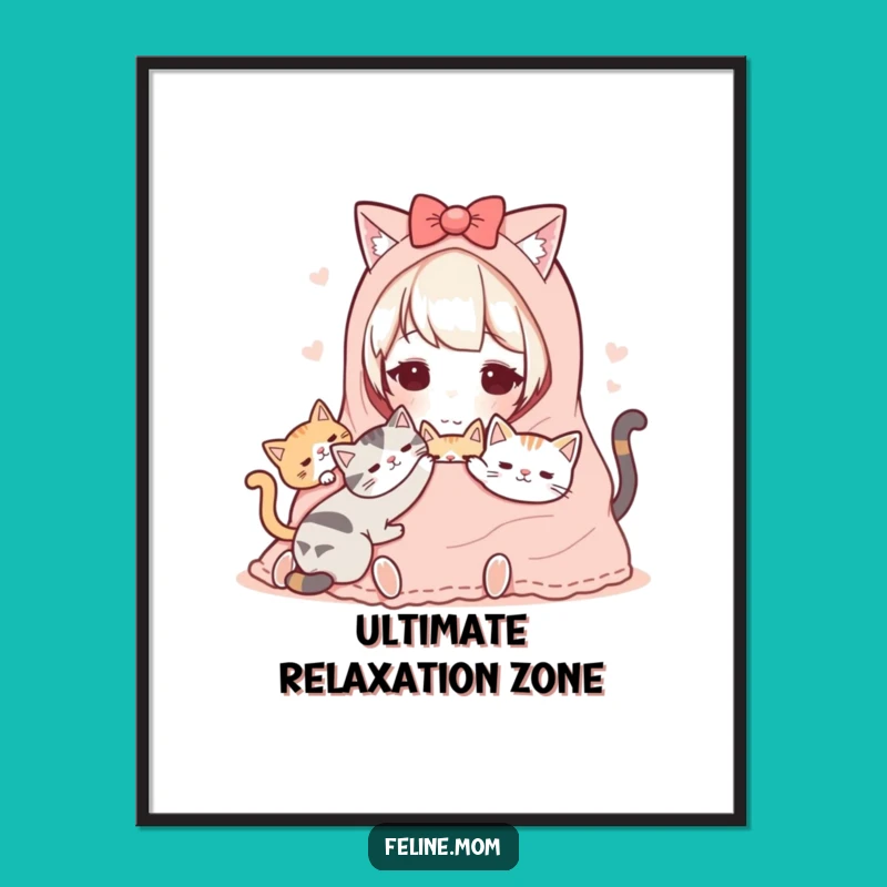 Funny Kawaii Cat Lady Digital Art: Cozy Cats Scene, Instant Funny Gift