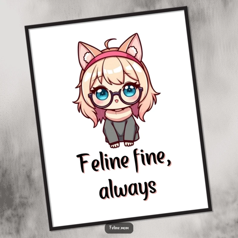 Funny Kawaii Cat Lady Digital Art showing a cute character with cat ears and glasses, perfect for instant decoration and playful vibes.