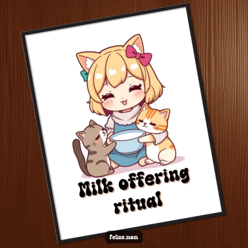 Funny Kawaii cat lady character offering a bowl of milk to a cat, presented as a downloadable digital art print for home decor.