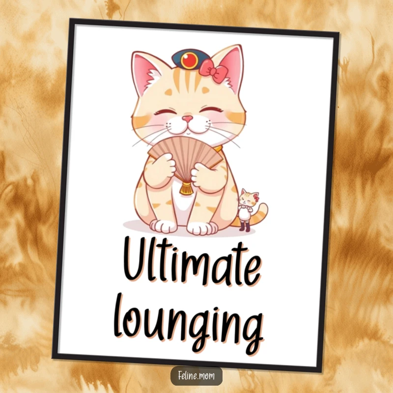 Funny pampered cat digital art print of a cat being fanned by a tiny attendant, capturing hilarious feline luxury for any digital or print display.