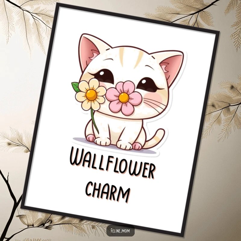 Funny digital art print of a shy cat with a flower, peeking out coyly. High-resolution printable art for immediate humorous wall decor.