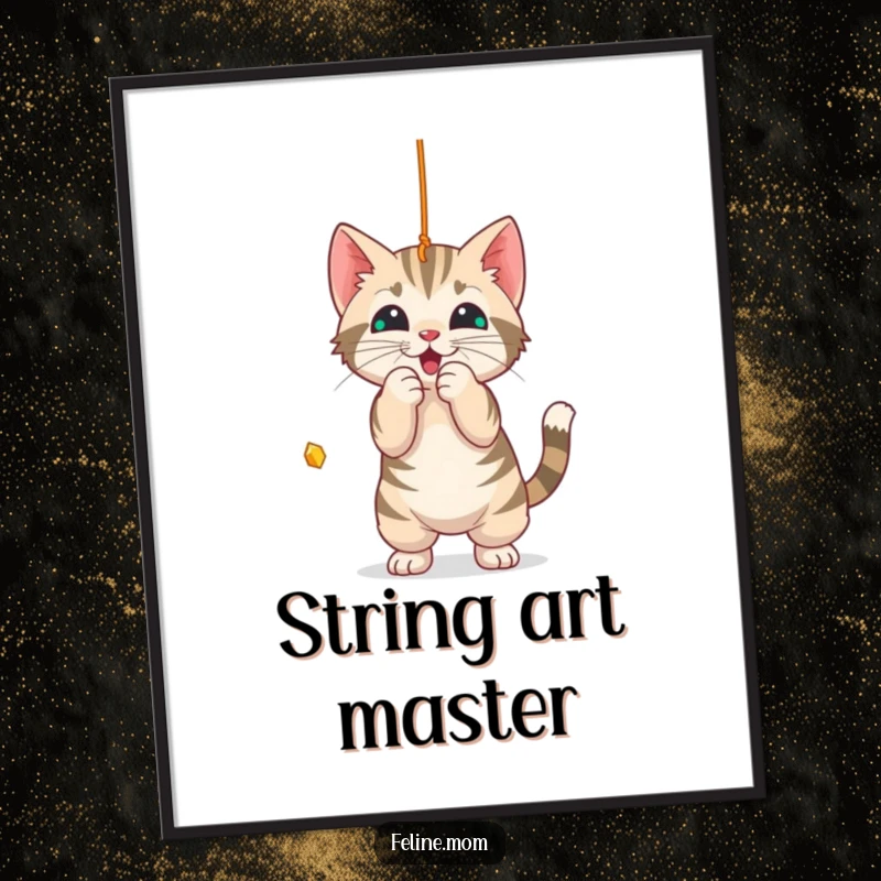 Funny Digital Art Print: A playful tabby cat batting at a dangling string, capturing pure feline fun.