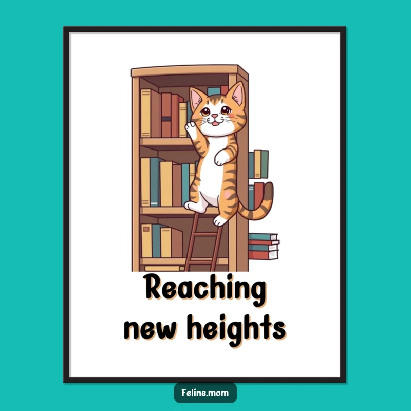 Funny Tabby Cat Digital Print: Determined Bookshelf Climber Art