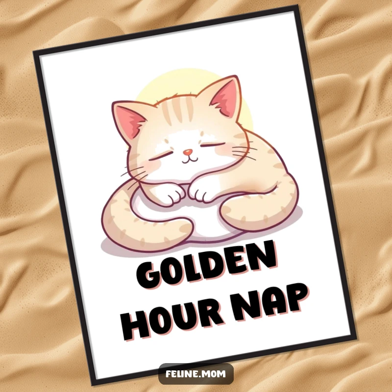 Funny cat digital art print, a contented feline napping peacefully in a warm sunbeam, full of calm.