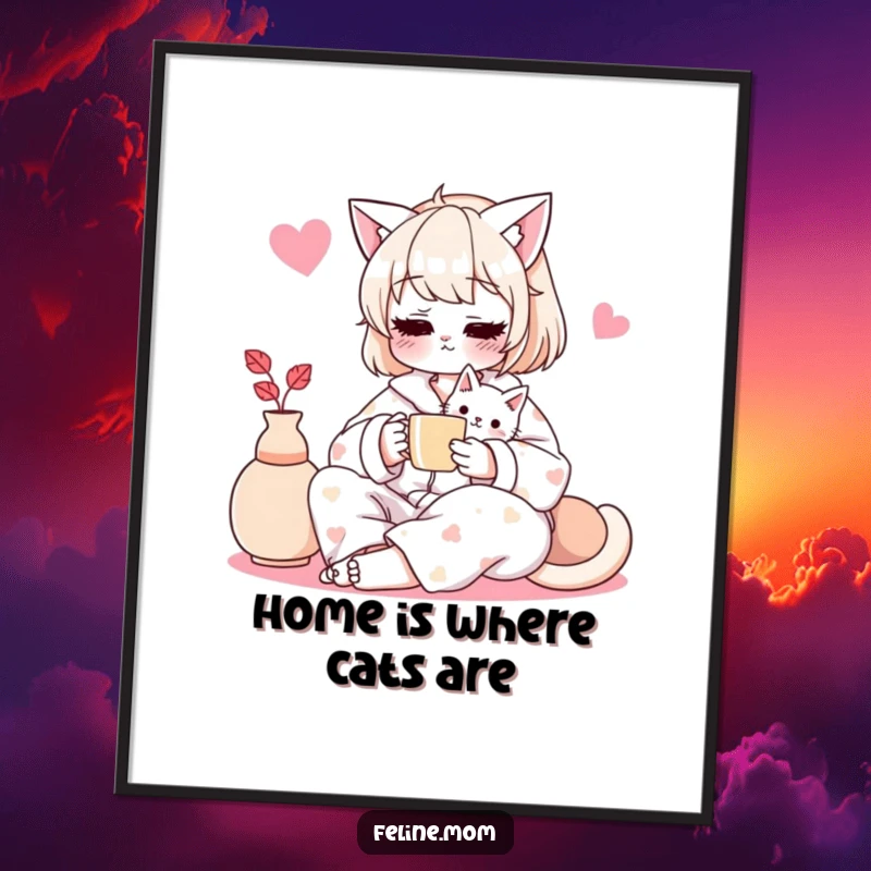 Funny digital art of a cat lady in pajamas with tea and cat, ready for instant download and printing.