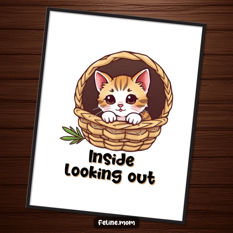 Funny cat digital art print, a curious feline peeking out from a cozy basket, full of charm.