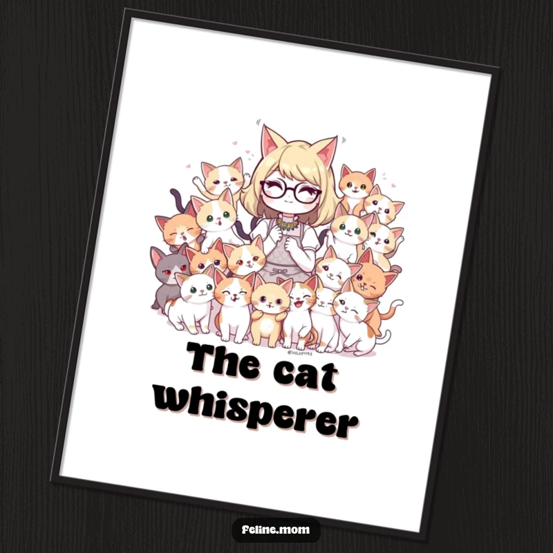 Funny cat lady art print depicting her surrounded by a playful mob of kittens, available for instant download and display, adding humor.