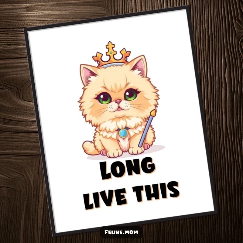 Funny digital art print of a regal Persian cat wearing a crown and sceptre, offering majestic humor for instant wall decor.