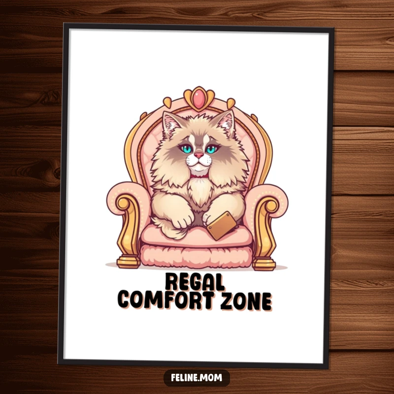 Funny Maine Coon digital art print of a fluffy cat lounging elegantly on a plush throne, exuding hilarious, majestic comfort for screen or print.