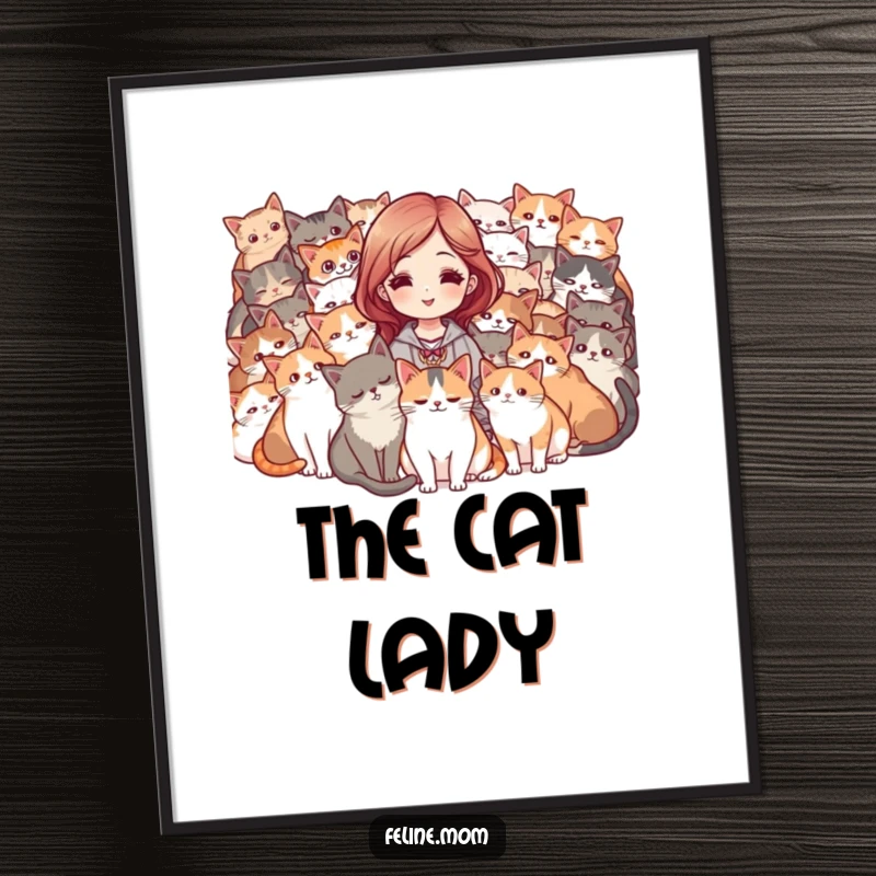 Funny digital art print of a woman surrounded by a purring mob of cats, looking happy. Instant humorous decor.