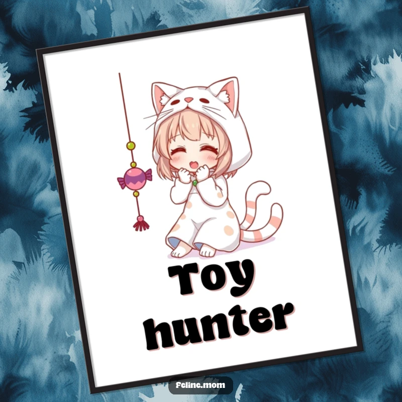 Funny digital art print of a woman dressed as a cat, playfully swatting a dangling toy. Instant humorous decor.