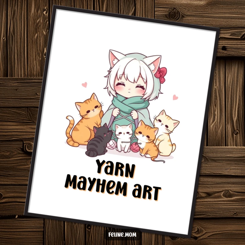 Funny Kawaii cat lady character draped in yarn with playful cats, presented as a downloadable digital art print.