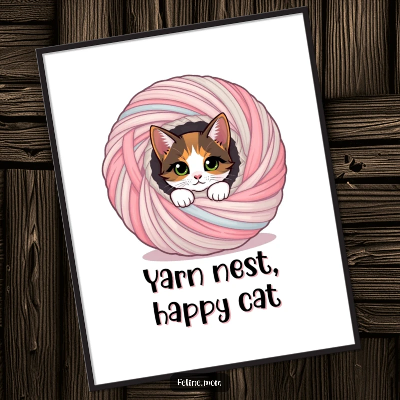 Funny curious calico cat peeking from a yarn ball, bringing playful charm, a funny gift.