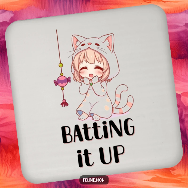 Funny drink coaster set with a woman dressed as a cat, playfully batting at a dangling toy. A humorous accessory.