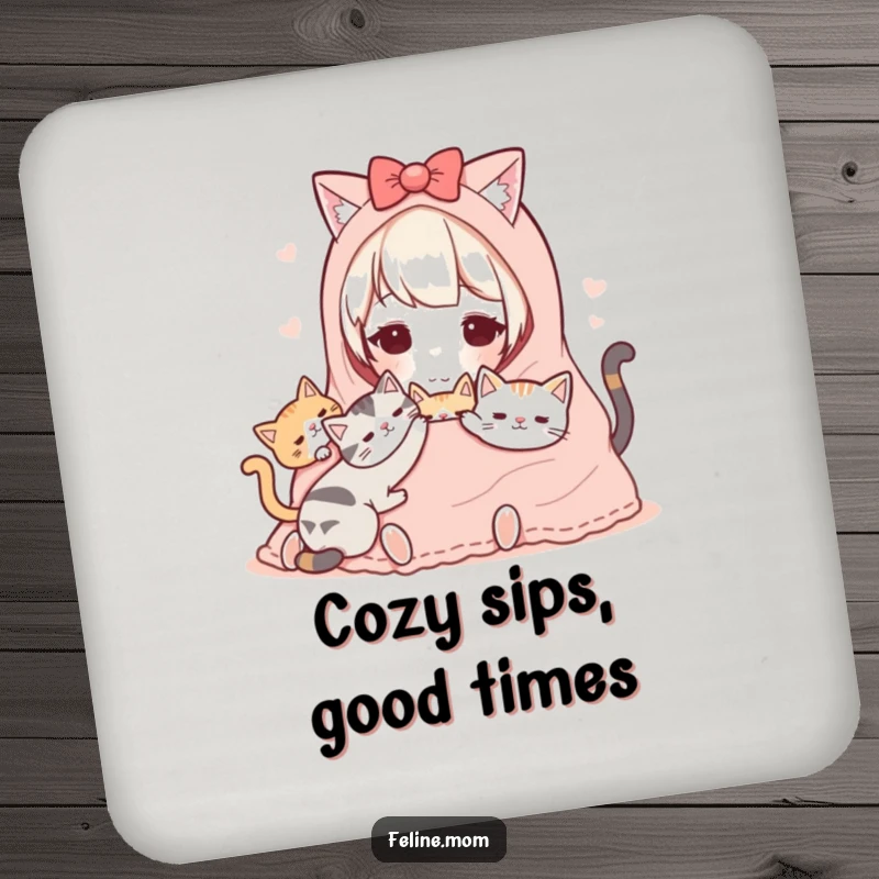 Funny Kawaii Cat Lady Coaster featuring a sweet character sharing a warm blanket with cats, adding cozy charm to tables.