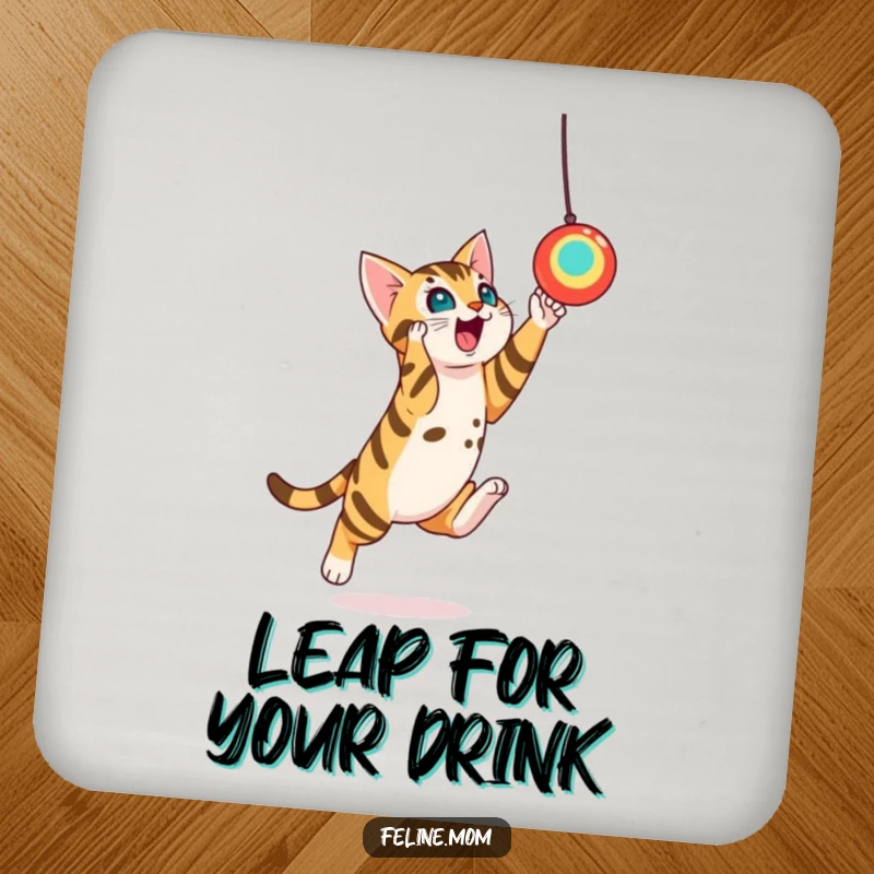 Funny Bengal Cat Toy Leap Coaster: A playful Bengal cat leaps towards a toy, charmingly protecting your furniture.