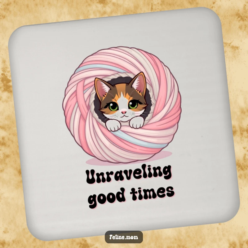 Funny calico cat peeking out of a yarn ball, protecting surfaces with charm, a funny gift.