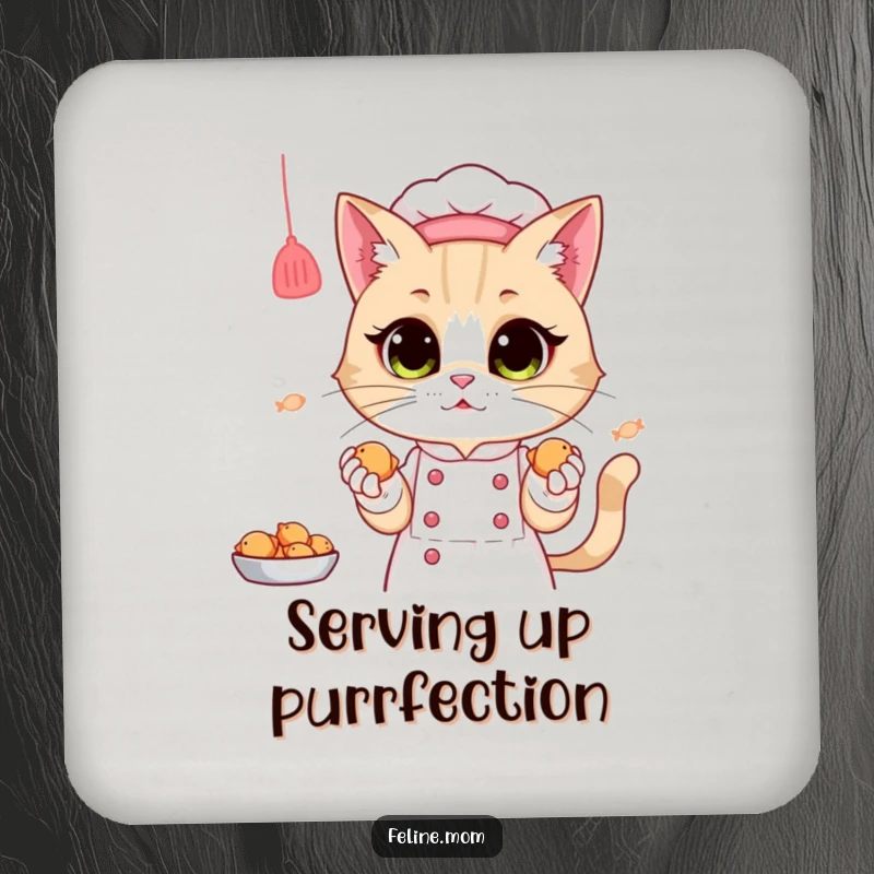Funny Drink Coaster: A charming cat lady chef presents tiny fish treats, protecting surfaces with a smile.