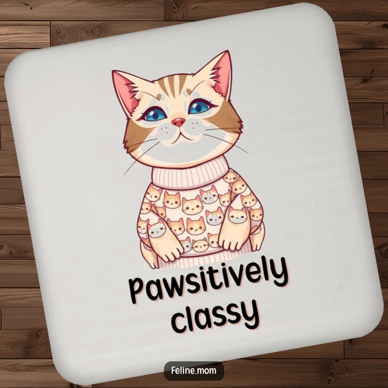 Funny cat lady coaster featuring a cat face sweater design, protecting surfaces with feline charm.